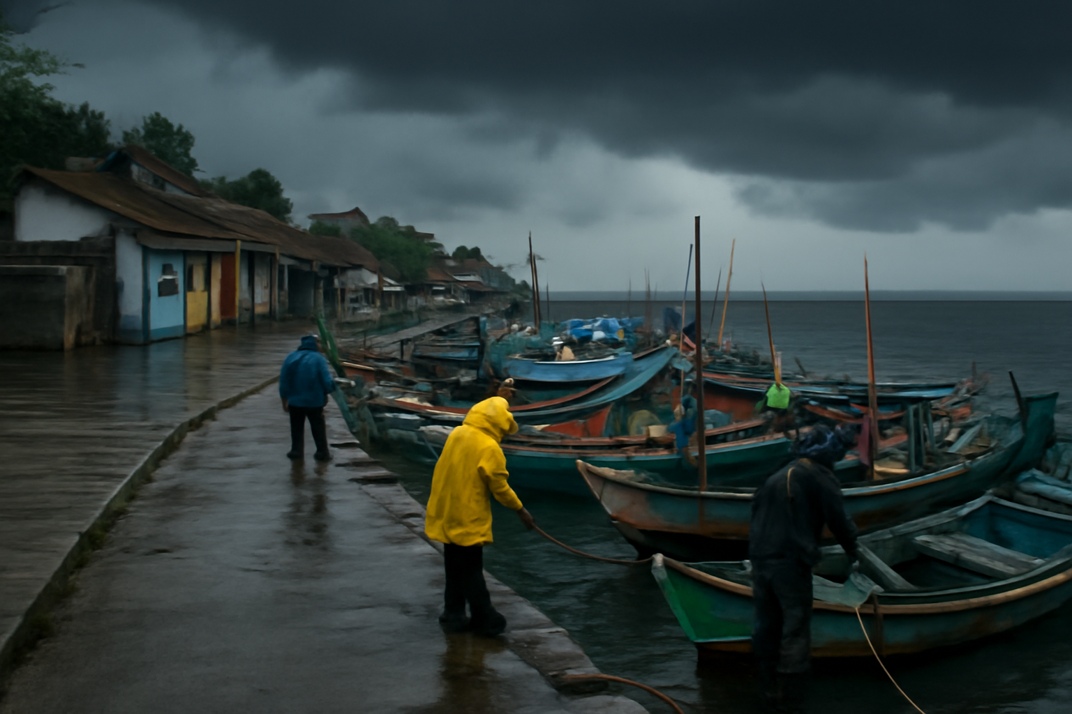 Dermaga kapal di pesisir Bawean saat langit mendung dan gelombang tinggi menjelang cuaca ekstrem